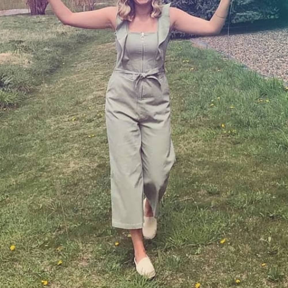 Tinsel Sage Green Ruffle-Trim Wide Leg Jumpsuit